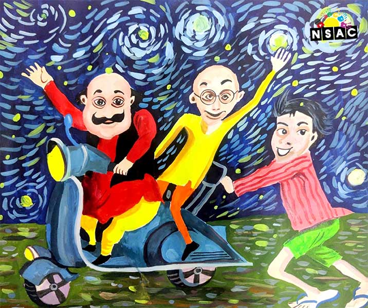 Artwork of Tanish Jain in 20th All India Child Art Competition 2024, A Lovely Day with Motu Patlu, Harvinder Mankkar, National Level Painting Competition for Kids, Painting Competition for Children, Online Painting Competition for Kids, Kids Art Competition, Children Art Contest, Drawing Competition for Children, Painting Competition in Delhi for Kids