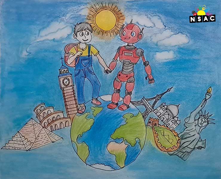 Artwork of Sai Saathvik T A in 21st All India Child Art Competition 2025, Me and My Robot Art Competition for Kids, National Level Painting Competition for Kids, Painting Competition for Children, Online Painting Competition for Kids, Kids Art Competition, Children Art Contest, Drawing Competition for Children, Painting Competition in Delhi for Kids, Nav Shri Art & Culture Organisation, Himanshu Art Institute, Painting Competition Near Me, Painting Competition for Students, Painting Competition for School, Drawing Competition for School Students, Indian Art Contest, Art Competition, Painting Competition for School Students