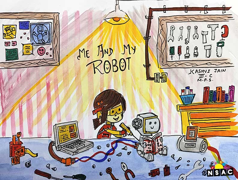 Artwork of Kashvi Jain in 21st All India Child Art Competition 2025, Me and My Robot Art Competition for Kids, National Level Painting Competition for Kids, Painting Competition for Children, Online Painting Competition for Kids, Kids Art Competition, Children Art Contest, Drawing Competition for Children, Painting Competition in Delhi for Kids, Nav Shri Art & Culture Organisation, Himanshu Art Institute, Painting Competition Near Me, Painting Competition for Students, Painting Competition for School, Drawing Competition for School Students, Indian Art Contest, Art Competition, Painting Competition for School Students