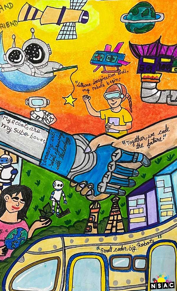 Artwork of Khushi Dabas in 21st All India Child Art Competition 2025, Me and My Robot Art Competition for Kids, National Level Painting Competition for Kids, Painting Competition for Children, Online Painting Competition for Kids, Kids Art Competition, Children Art Contest, Drawing Competition for Children, Painting Competition in Delhi for Kids, Nav Shri Art & Culture Organisation, Himanshu Art Institute, Painting Competition Near Me, Painting Competition for Students, Painting Competition for School, Drawing Competition for School Students, Indian Art Contest, Art Competition, Painting Competition for School Students