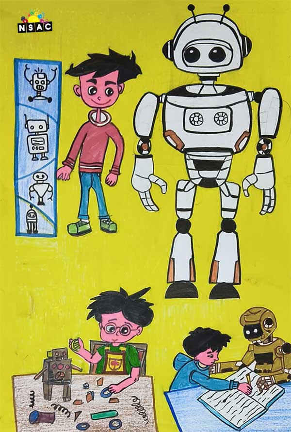 Artwork of Aahaan Jha in 21st All India Child Art Competition 2025, Me and My Robot Art Competition for Kids, National Level Painting Competition for Kids, Painting Competition for Children, Online Painting Competition for Kids, Kids Art Competition, Children Art Contest, Drawing Competition for Children, Painting Competition in Delhi for Kids, Nav Shri Art & Culture Organisation, Himanshu Art Institute, Painting Competition Near Me, Painting Competition for Students, Painting Competition for School, Drawing Competition for School Students, Indian Art Contest, Art Competition, Painting Competition for School Students