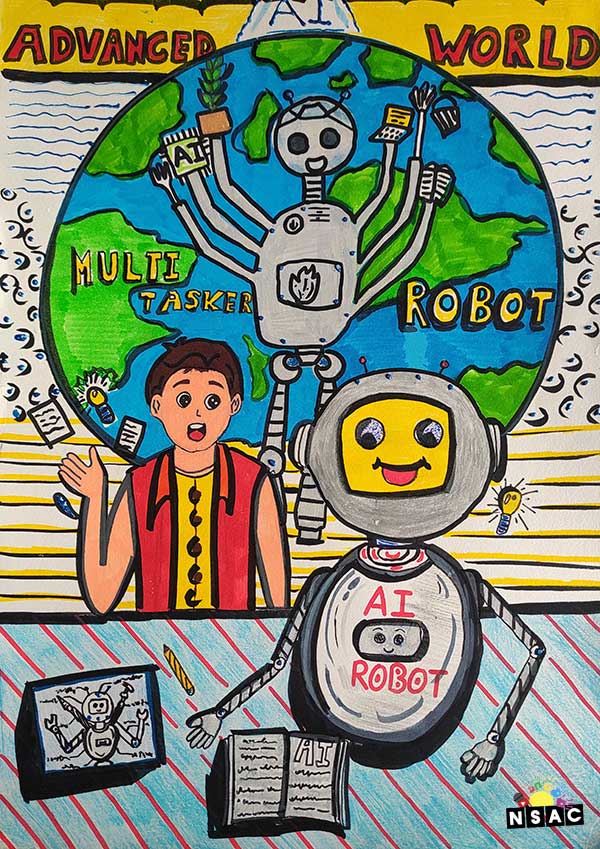 Artwork of Aarush Gupta in 21st All India Child Art Competition 2025, Me and My Robot Art Competition for Kids, National Level Painting Competition for Kids, Painting Competition for Children, Online Painting Competition for Kids, Kids Art Competition, Children Art Contest, Drawing Competition for Children, Painting Competition in Delhi for Kids, Nav Shri Art & Culture Organisation, Himanshu Art Institute, Painting Competition Near Me, Painting Competition for Students, Painting Competition for School, Drawing Competition for School Students, Indian Art Contest, Art Competition, Painting Competition for School Students