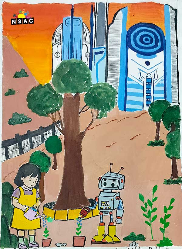 Artwork of Sai Trishika Reddy.D in 21st All India Child Art Competition 2025, Me and My Robot Art Competition for Kids, National Level Painting Competition for Kids, Painting Competition for Children, Online Painting Competition for Kids, Kids Art Competition, Children Art Contest, Drawing Competition for Children, Painting Competition in Delhi for Kids, Nav Shri Art & Culture Organisation, Himanshu Art Institute, Painting Competition Near Me, Painting Competition for Students, Painting Competition for School, Drawing Competition for School Students, Indian Art Contest, Art Competition, Painting Competition for School Students