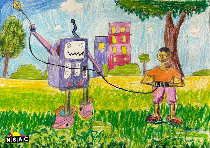 Artwork of Nayaansh Reddy in 21st All India Child Art Competition 2025, Me and My Robot Art Competition for Kids, National Level Painting Competition for Kids, Painting Competition for Children, Online Painting Competition for Kids, Kids Art Competition, Children Art Contest, Drawing Competition for Children, Painting Competition in Delhi for Kids, Nav Shri Art & Culture Organisation, Himanshu Art Institute, Painting Competition Near Me, Painting Competition for Students, Painting Competition for School, Drawing Competition for School Students, Indian Art Contest, Art Competition, Painting Competition for School Students
