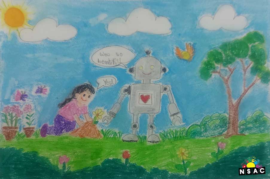Artwork of Syeda Hafsa Fathima in 21st All India Child Art Competition 2025, Me and My Robot Art Competition for Kids, National Level Painting Competition for Kids, Painting Competition for Children, Online Painting Competition for Kids, Kids Art Competition, Children Art Contest, Drawing Competition for Children, Painting Competition in Delhi for Kids, Nav Shri Art & Culture Organisation, Himanshu Art Institute, Painting Competition Near Me, Painting Competition for Students, Painting Competition for School, Drawing Competition for School Students, Indian Art Contest, Art Competition, Painting Competition for School Students