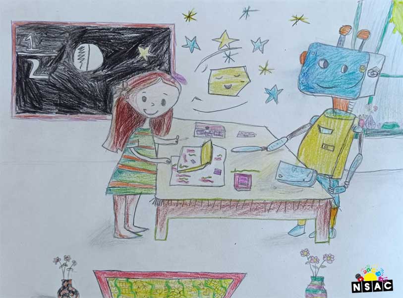 Artwork of Hridhya Reddy Polusani in 21st All India Child Art Competition 2025, Me and My Robot Art Competition for Kids, National Level Painting Competition for Kids, Painting Competition for Children, Online Painting Competition for Kids, Kids Art Competition, Children Art Contest, Drawing Competition for Children, Painting Competition in Delhi for Kids, Nav Shri Art & Culture Organisation, Himanshu Art Institute, Painting Competition Near Me, Painting Competition for Students, Painting Competition for School, Drawing Competition for School Students, Indian Art Contest, Art Competition, Painting Competition for School Students