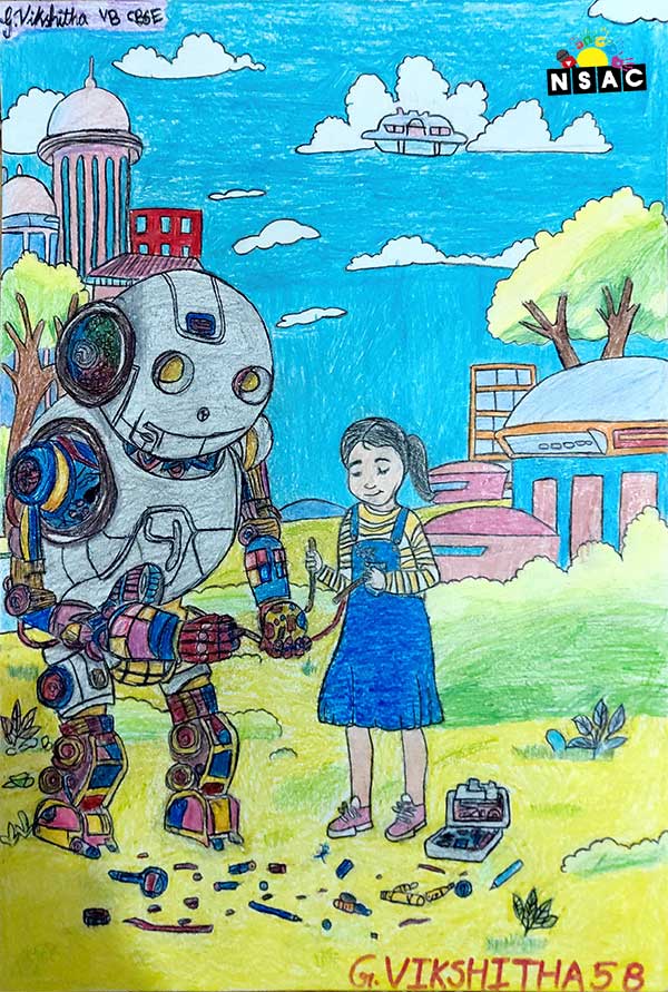 Artwork of Godisela Vikshitha in 21st All India Child Art Competition 2025, Me and My Robot Art Competition for Kids, National Level Painting Competition for Kids, Painting Competition for Children, Online Painting Competition for Kids, Kids Art Competition, Children Art Contest, Drawing Competition for Children, Painting Competition in Delhi for Kids, Nav Shri Art & Culture Organisation, Himanshu Art Institute, Painting Competition Near Me, Painting Competition for Students, Painting Competition for School, Drawing Competition for School Students, Indian Art Contest, Art Competition, Painting Competition for School Students