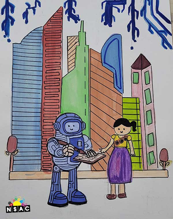 Artwork of Bommineni Vedagna Reddy in 21st All India Child Art Competition 2025, Me and My Robot Art Competition for Kids, National Level Painting Competition for Kids, Painting Competition for Children, Online Painting Competition for Kids, Kids Art Competition, Children Art Contest, Drawing Competition for Children, Painting Competition in Delhi for Kids, Nav Shri Art & Culture Organisation, Himanshu Art Institute, Painting Competition Near Me, Painting Competition for Students, Painting Competition for School, Drawing Competition for School Students, Indian Art Contest, Art Competition, Painting Competition for School Students
