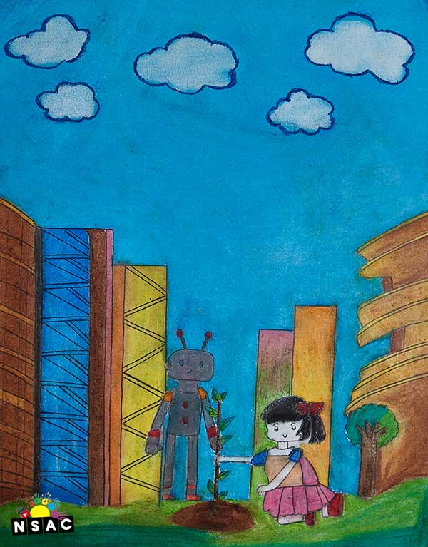 Artwork of Krithika Komirineni in 21st All India Child Art Competition 2025, Me and My Robot Art Competition for Kids, National Level Painting Competition for Kids, Painting Competition for Children, Online Painting Competition for Kids, Kids Art Competition, Children Art Contest, Drawing Competition for Children, Painting Competition in Delhi for Kids, Nav Shri Art & Culture Organisation, Himanshu Art Institute, Painting Competition Near Me, Painting Competition for Students, Painting Competition for School, Drawing Competition for School Students, Indian Art Contest, Art Competition, Painting Competition for School Students