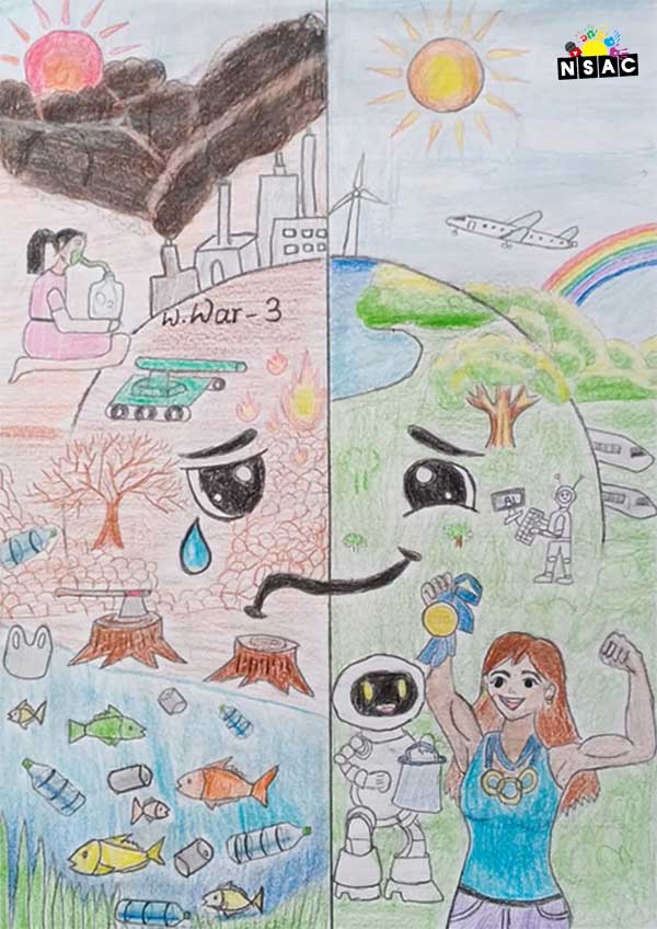 Artwork of Krithi G Kharvi in 21st All India Child Art Competition 2025, The Future of Earth - Online Competition, National Level Painting Competition for Kids, Painting Competition for Children, Online Painting Competition for Kids, Kids Art Competition, Children Art Contest, Drawing Competition for Children, Painting Competition in Delhi for Kids, Nav Shri Art & Culture Organisation, Himanshu Art Institute, Painting Competition Near Me, Painting Competition for Students, Painting Competition for School, Drawing Competition for School Students, Indian Art Contest, Art Competition, Painting Competition for School Students