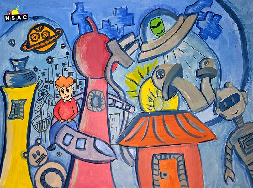 Artwork of Dussa Aardhya in 21st All India Child Art Competition 2025, The Future of Earth - Online Competition, National Level Painting Competition for Kids, Painting Competition for Children, Online Painting Competition for Kids, Kids Art Competition, Children Art Contest, Drawing Competition for Children, Painting Competition in Delhi for Kids, Nav Shri Art & Culture Organisation, Himanshu Art Institute, Painting Competition Near Me, Painting Competition for Students, Painting Competition for School, Drawing Competition for School Students, Indian Art Contest, Art Competition, Painting Competition for School Students